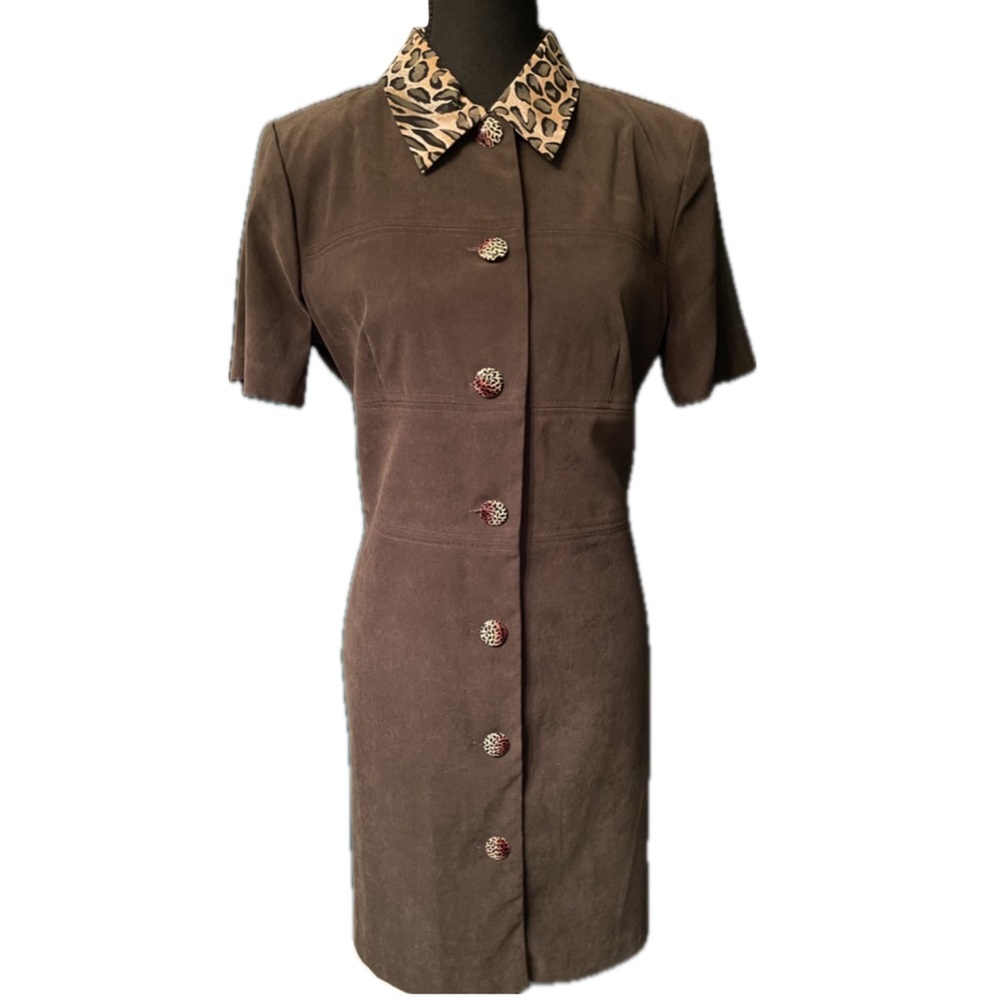 Vintage 80s Miss Dorby Olive Leopard Animal Print Button Down Collar Shift Dress